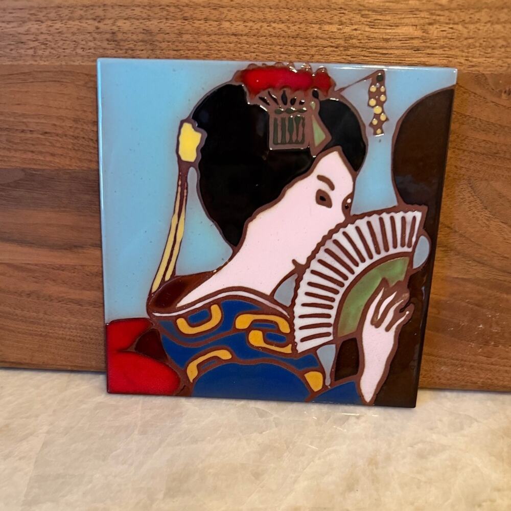 Japanese Geisha ceramic Art Tile with Fan